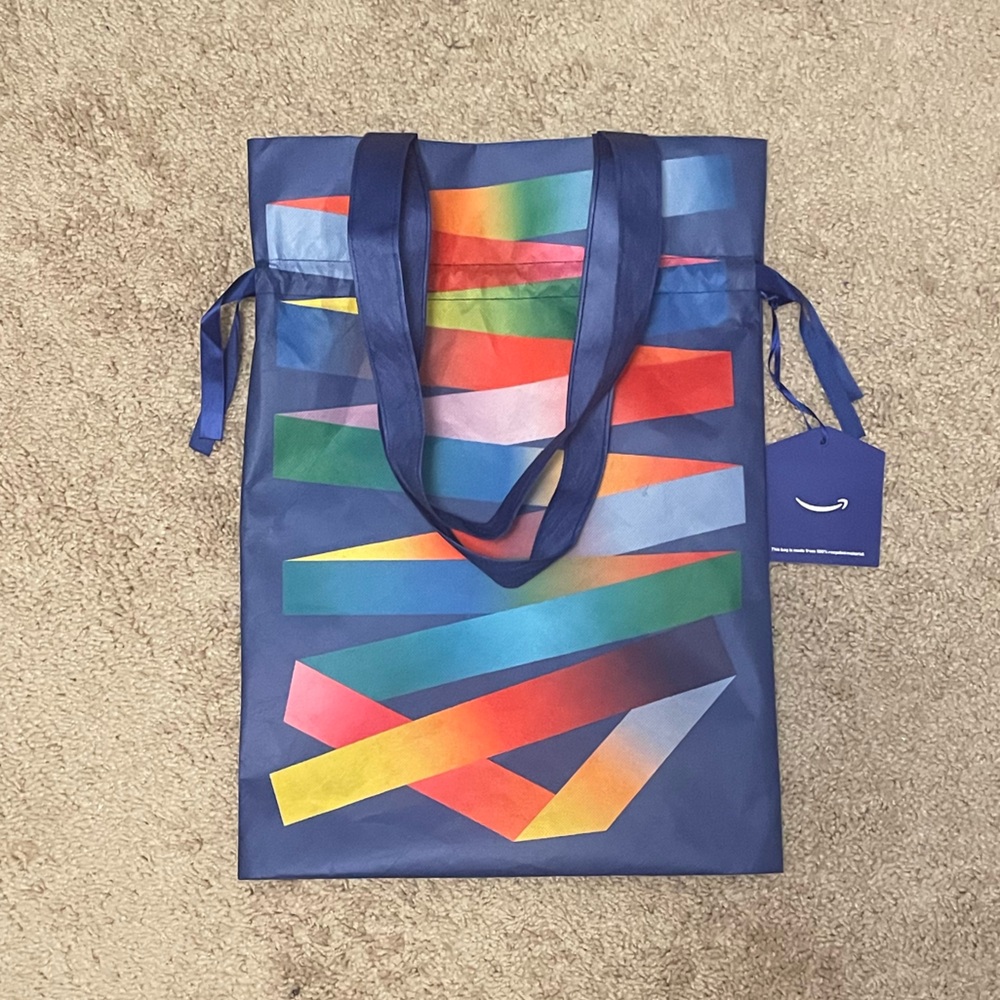 EUC 1 Amazon Multicolor Reusable Drawstring W/Shoulder Strap Satchel Gift Bag